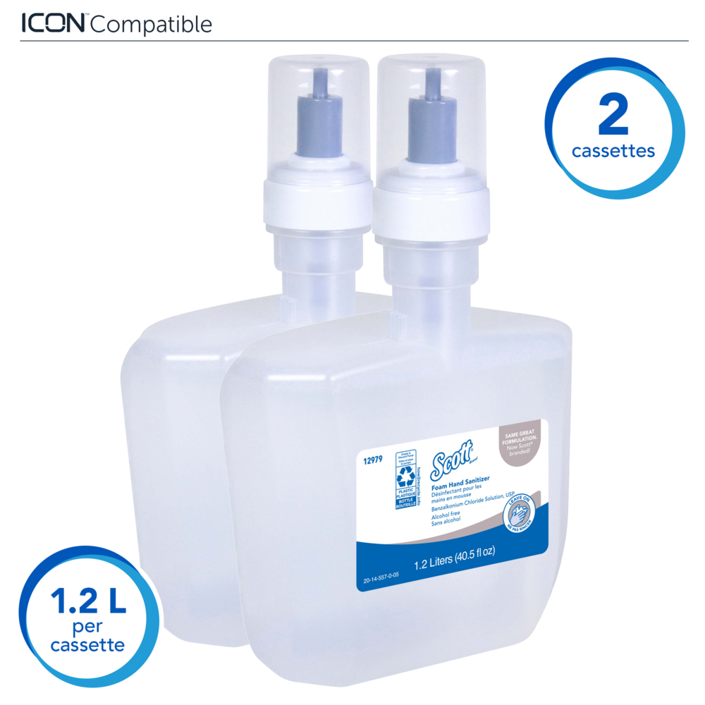 Scott® Foam Hand Sanitizer (12979), 1.2 L Automatic Refills, Clear, No Fragrance Added, (2 Bottles/Case) - 12979