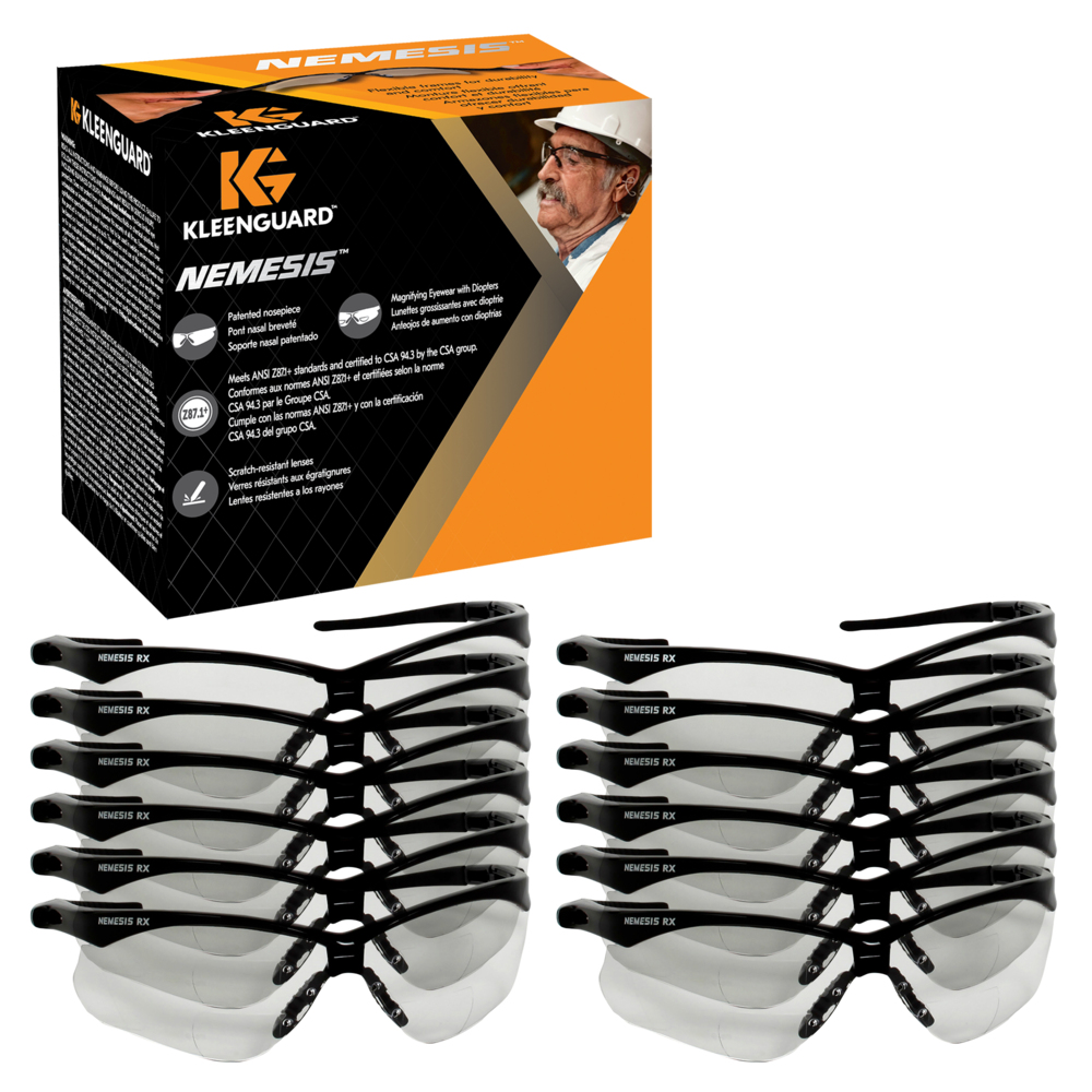 KleenGuard™ Nemesis™ Readers Safety Glasses (28624), Clear Lenses with +2.0 Diopters, Clear Frame, Unisex for Men and Women (Qty 6) - 28624