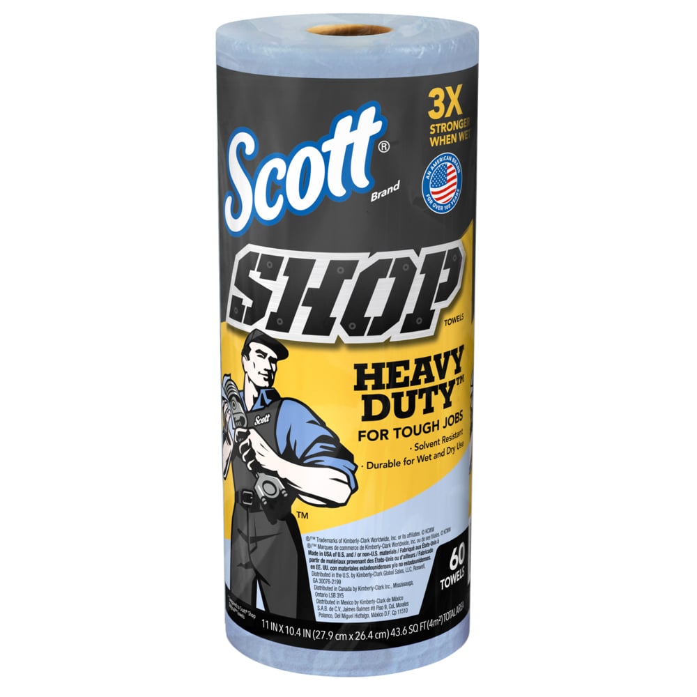 Scott® Shop Towels Heavy Duty™ (32992), Blue Shop Towels for Solvents and Heavy Duty Jobs, 10.4"x11" sheets (60 Towels/Roll, 12 Rolls/Case, 720 Towels/Case) - 32992