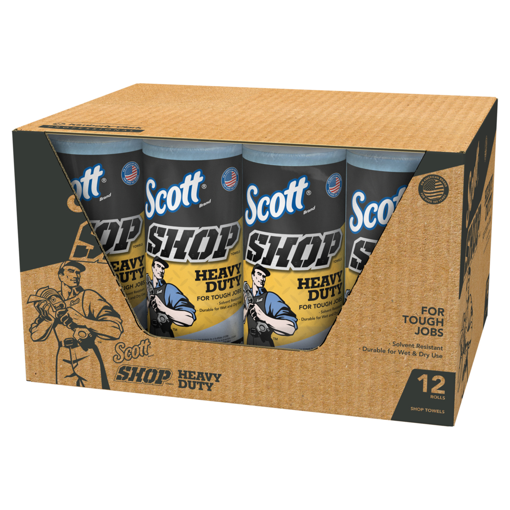 Scott® Shop Towels Heavy Duty™ (32992), Blue Shop Towels for Solvents and Heavy Duty Jobs, 10.4"x11" sheets (60 Towels/Roll, 12 Rolls/Case, 720 Towels/Case) - 32992