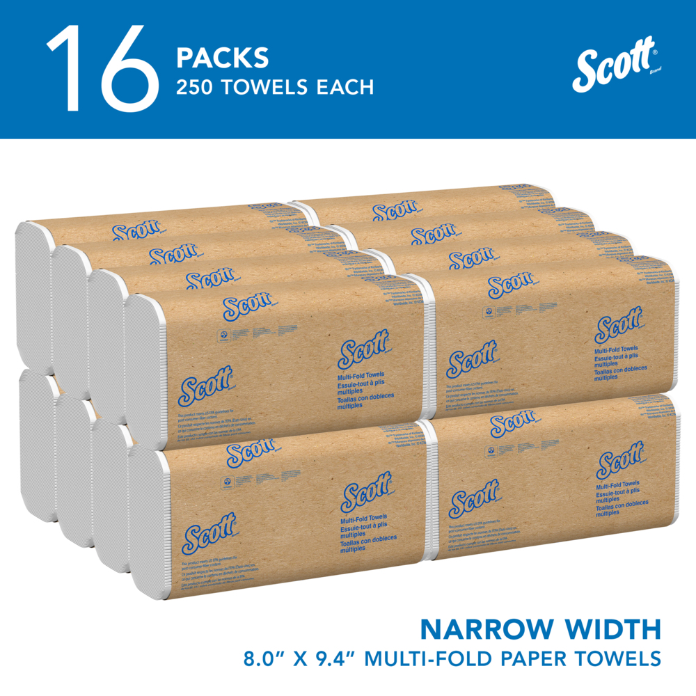 Scott® Multifold Narrow Width Paper Towels (37490), with Absorbency Pockets™, 8.0" x 9.4" sheets, White, Compressed Pack, Compact Case for Easy Storage, (250 Sheets/Pack, 16 Packs/Case, 4,000 Sheets/Case) - 37490
