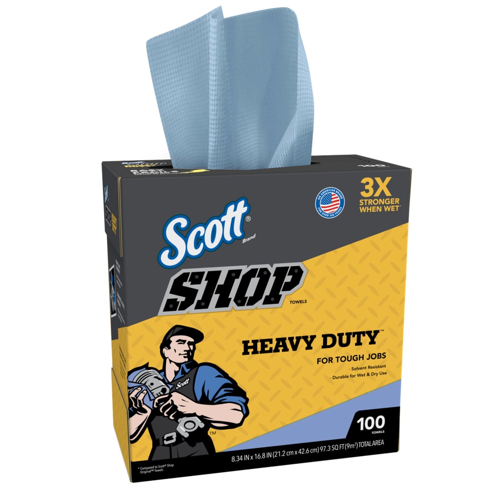 Scott® Shop Towels Heavy Duty™ (54014), Blue Shop Towels for Solvents and Heavy Duty Jobs, 8.34"x16.8" sheets, Pop-Up™ Box (100 Towels/Box, 10 Boxes/Case, 1,000 Towels/Case) - 54014