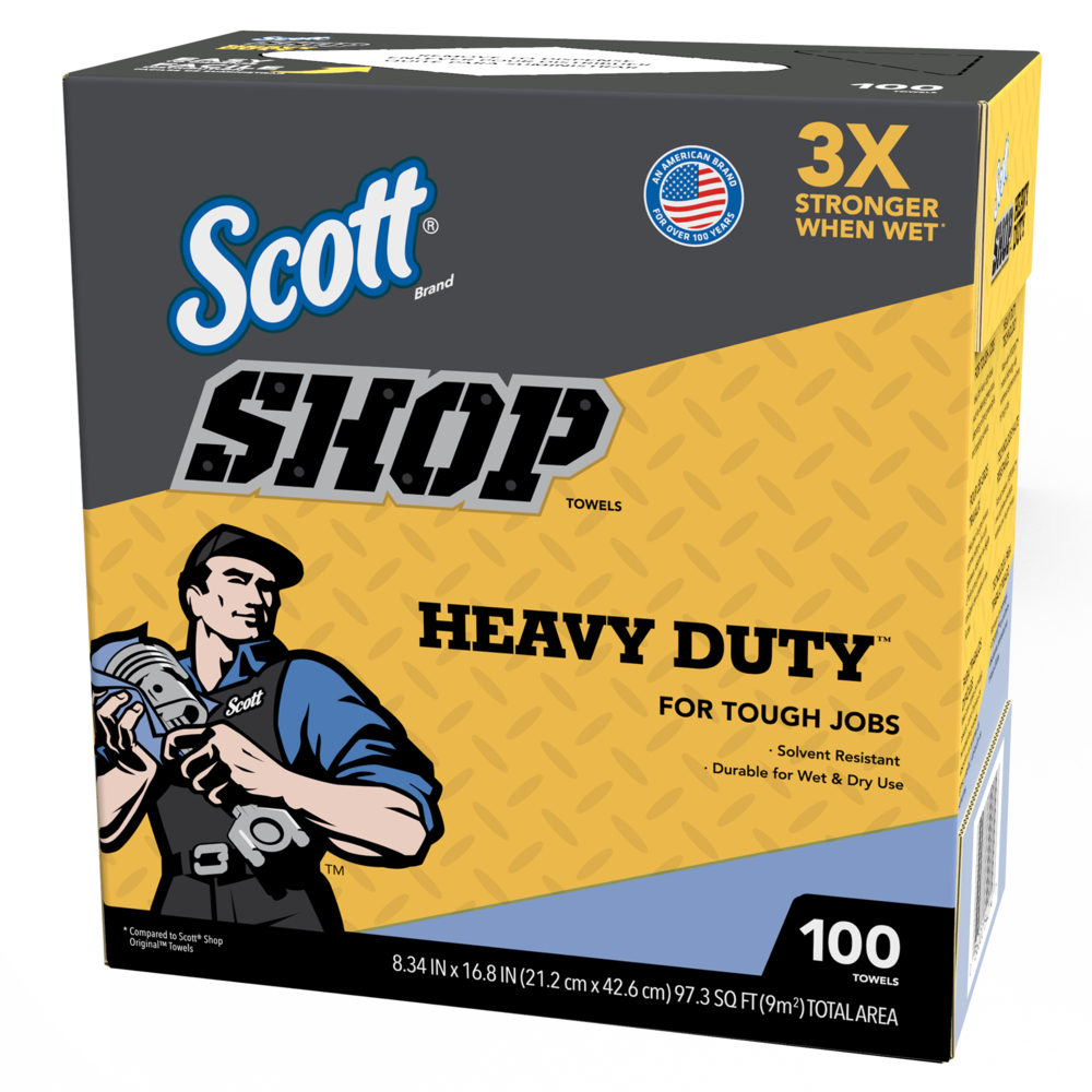 Scott® Shop Towels Heavy Duty™ (54014), Blue Shop Towels for Solvents and Heavy Duty Jobs, 8.34"x16.8" sheets, Pop-Up™ Box (100 Towels/Box, 10 Boxes/Case, 1,000 Towels/Case) - 54014