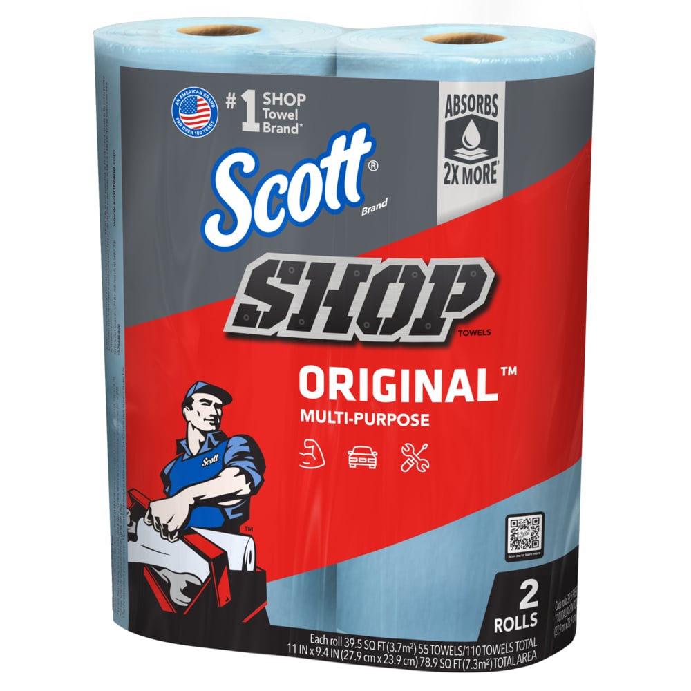 Scott® Shop Towels Original™ (75040), Original Blue Shop Towels, 9.4"x11" sheets, 12 Packs of 2 Rolls (55 Towels/Roll, 24 Rolls/Case, 1,320 Towels/Case) - 75040