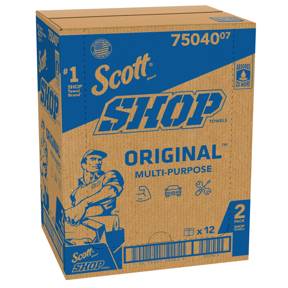 Scott® Shop Towels Original™ (75040), Original Blue Shop Towels, 9.4"x11" sheets, 12 Packs of 2 Rolls (55 Towels/Roll, 24 Rolls/Case, 1,320 Towels/Case) - 75040