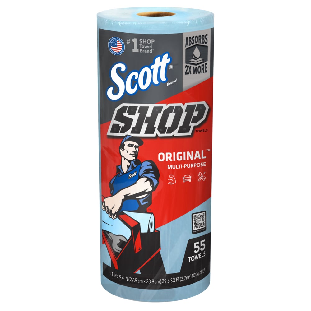 Scott® Shop Towels Original™ (75130), Original Blue Shop Towels, 9.4"x11" sheets (55 Towels/Roll, 30 Rolls/Case, 1,650 Towels/Case) - 75130