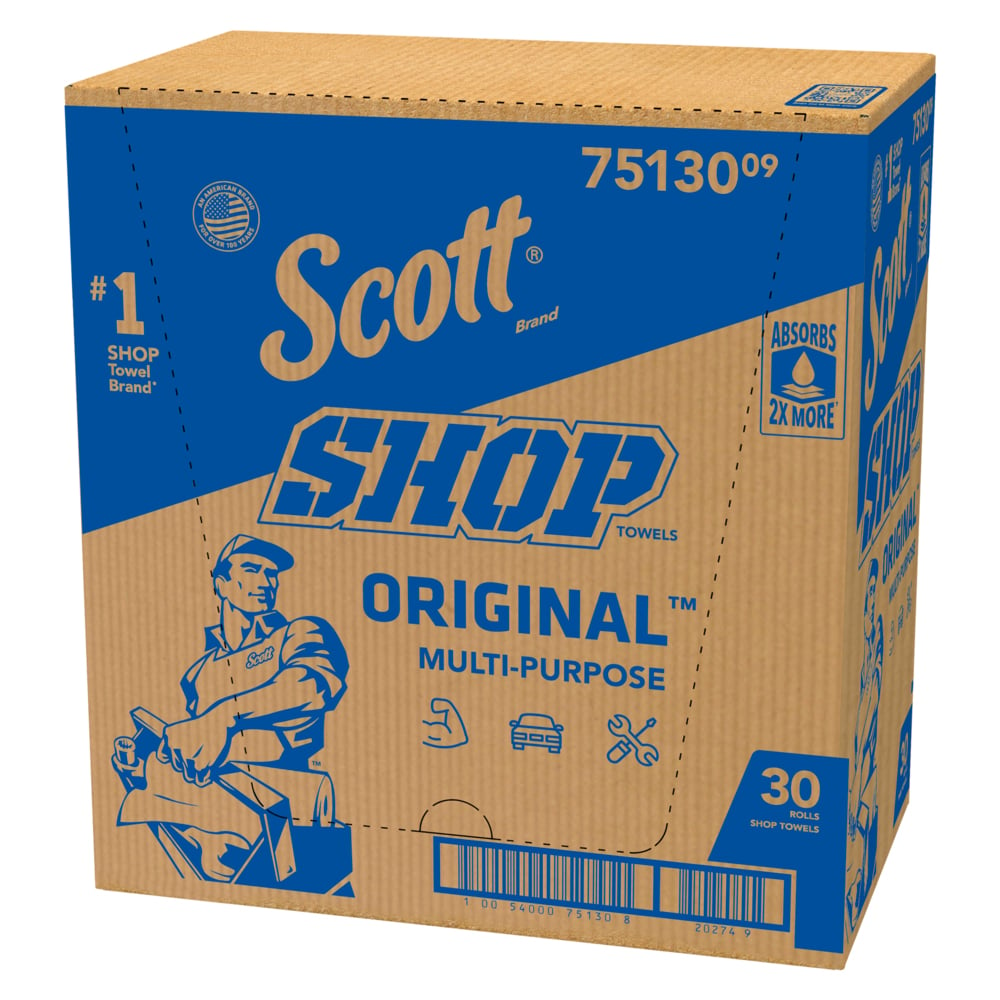 Scott® Shop Towels Original™ (75130), Original Blue Shop Towels, 9.4"x11" sheets (55 Towels/Roll, 30 Rolls/Case, 1,650 Towels/Case) - 75130