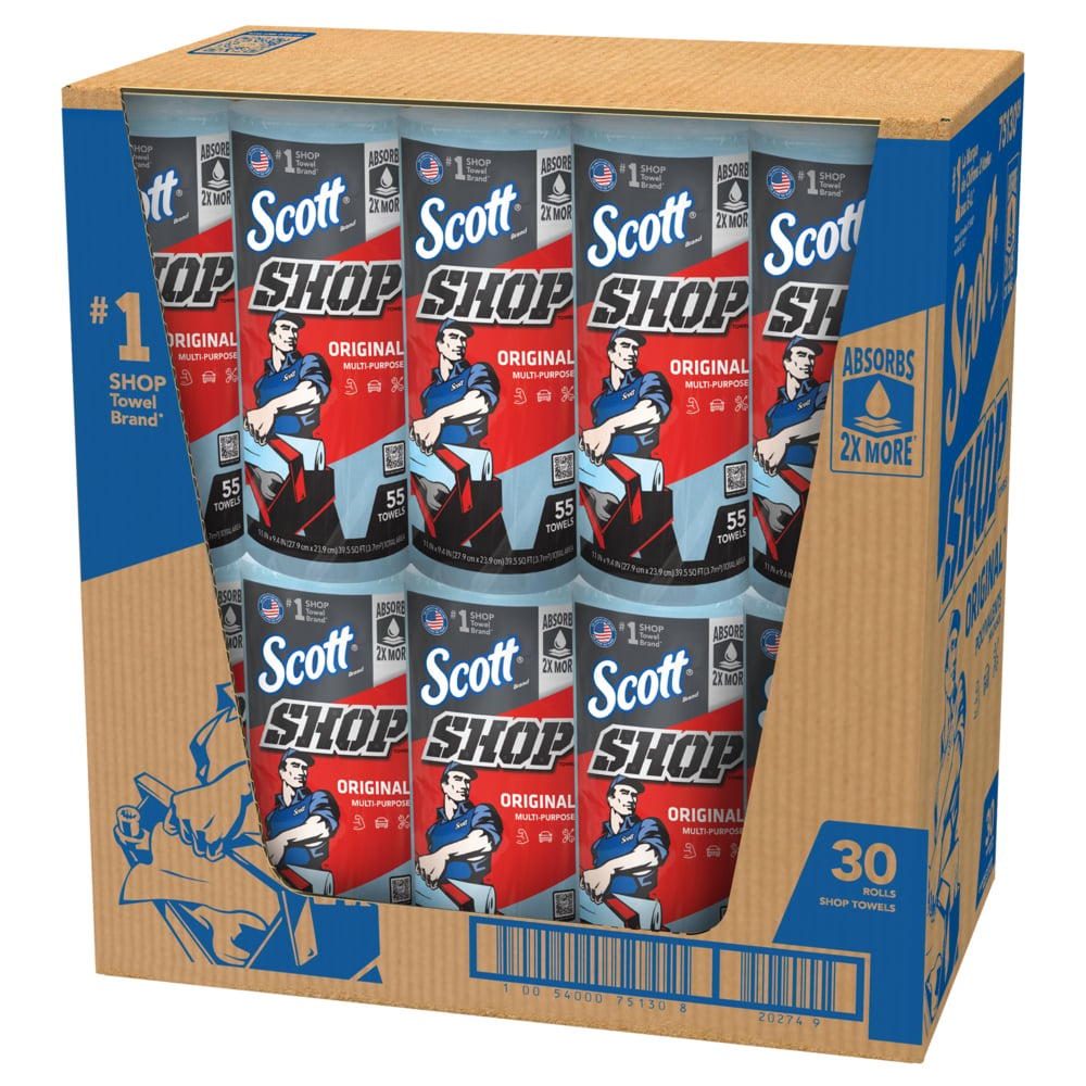 Scott® Shop Towels Original™ (75130), Original Blue Shop Towels, 9.4"x11" sheets (55 Towels/Roll, 30 Rolls/Case, 1,650 Towels/Case) - 75130