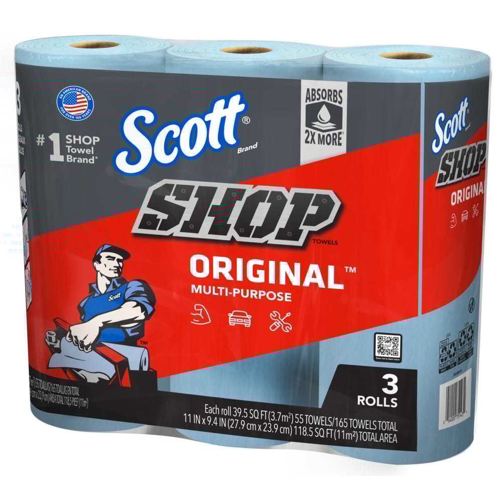 Chiffons d’atelier Scott® Original™ (75143), chiffons d’atelier bleus Original, feuilles de 23,9 cm x 28 cm (9,4 po x 11 po), 10 paquets de 3 rouleaux (55 chiffons/rouleau, 30 rouleaux/caisse, 1 650 chiffons/caisse) - 75143