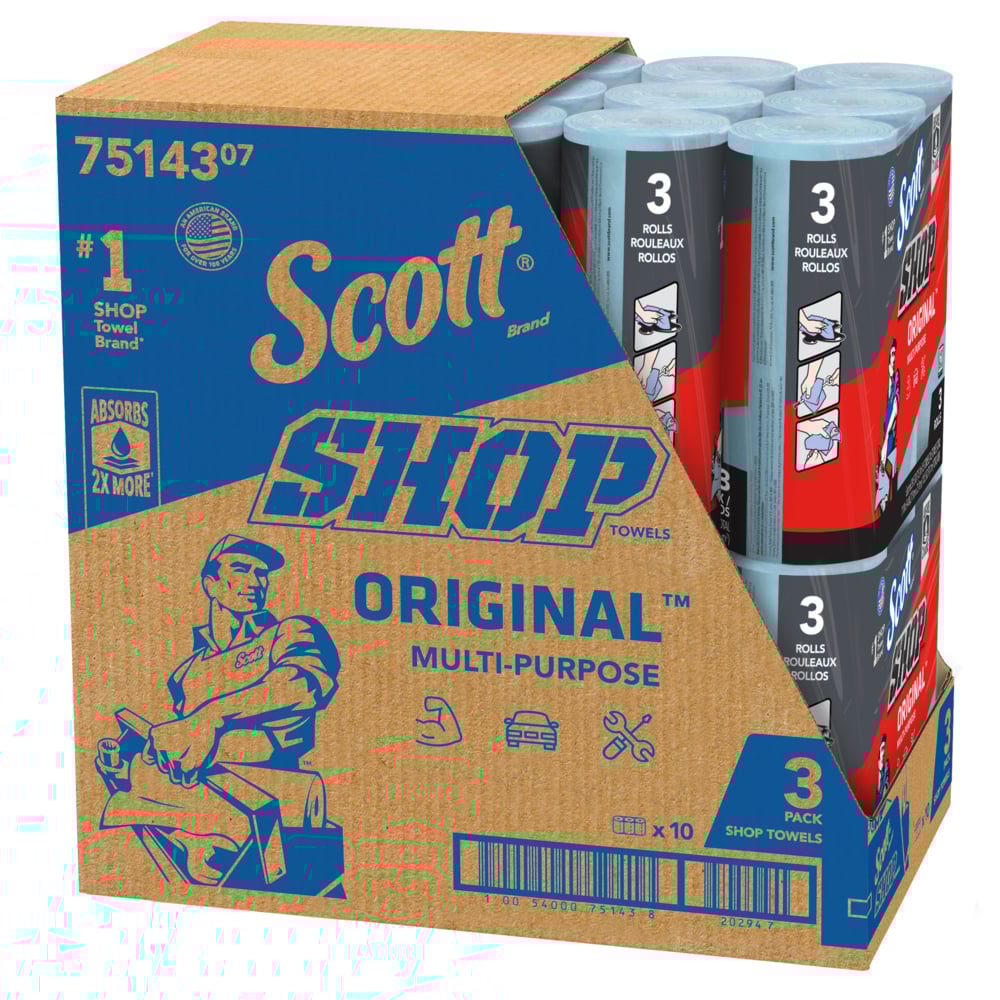 Chiffons d’atelier Scott® Original™ (75143), chiffons d’atelier bleus Original, feuilles de 23,9 cm x 28 cm (9,4 po x 11 po), 10 paquets de 3 rouleaux (55 chiffons/rouleau, 30 rouleaux/caisse, 1 650 chiffons/caisse) - 75143