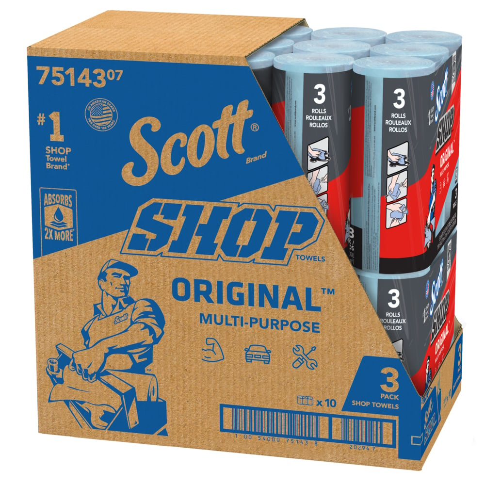 Scott® Shop Towels Original™ (75143), Original Blue Shop Towels, 9.4"x11" sheets, 10 Packs of 3 Rolls (55 Towels/Roll, 30 Rolls/Case, 1,650 Towels/Case) - 75143