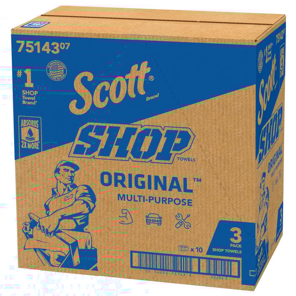Chiffons d’atelier Scott® Original™ (75143), chiffons d’atelier bleus Original, feuilles de 23,9 cm x 28 cm (9,4 po x 11 po), 10 paquets de 3 rouleaux (55 chiffons/rouleau, 30 rouleaux/caisse, 1 650 chiffons/caisse) - 75143