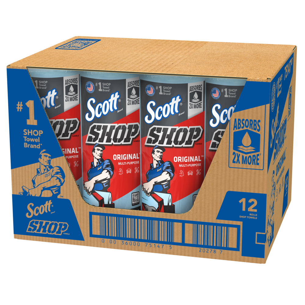 Scott® Shop Towels Original™ (75147), Original Blue Shop Towels, 9.4"x11" sheets (55 Towels/Roll, 12 Rolls/Case, 660 Towels/Case) - 75147