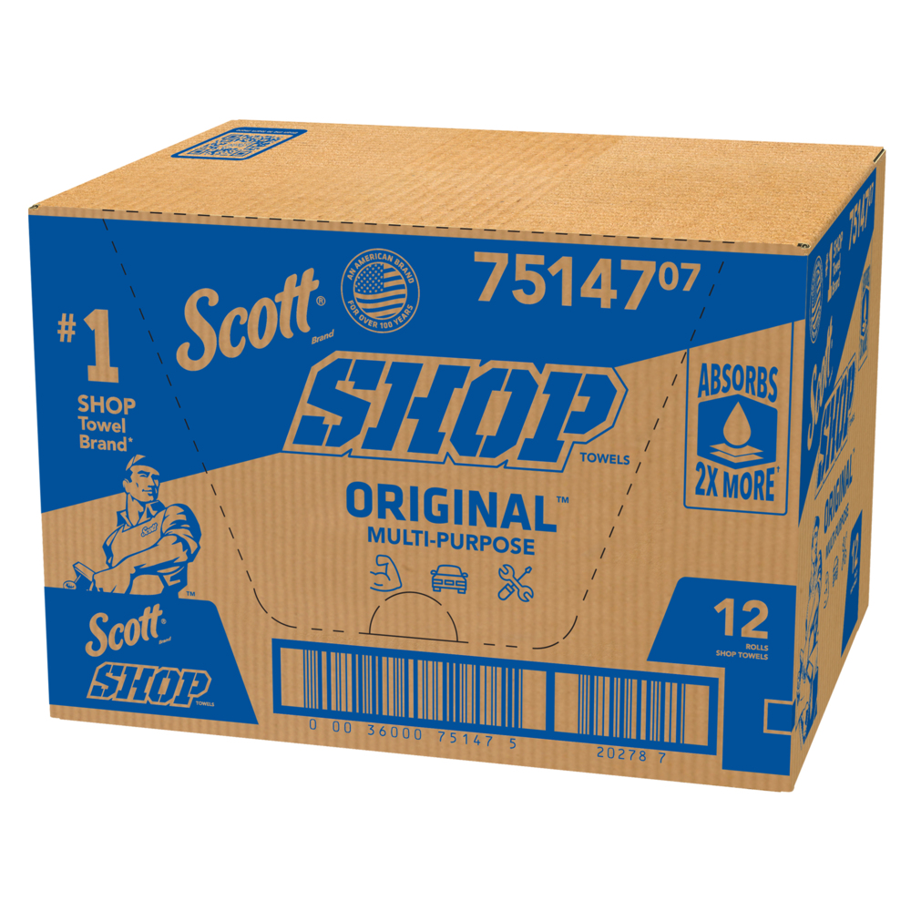 Scott® Shop Towels Original™ (75147), Original Blue Shop Towels, 9.4"x11" sheets (55 Towels/Roll, 12 Rolls/Case, 660 Towels/Case) - 75147