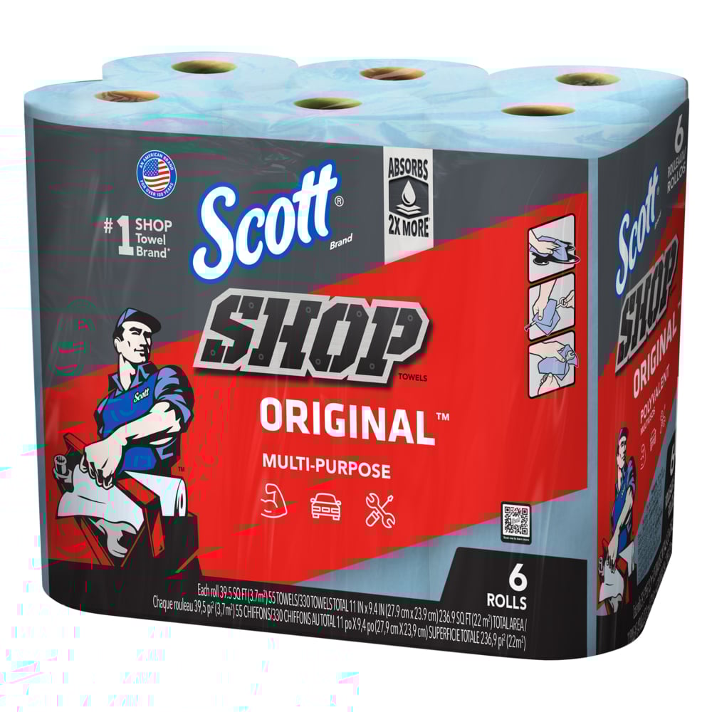 Chiffons d’atelier Scott® Original™ (75180), chiffons d’atelier bleus Original, feuilles de 23,9 cm x 28 cm (9,4 po x 11 po), 4 paquets de 6 rouleaux (55 chiffons/rouleau, 24 rouleaux/caisse, 1 320 chiffons/caisse) - 75180