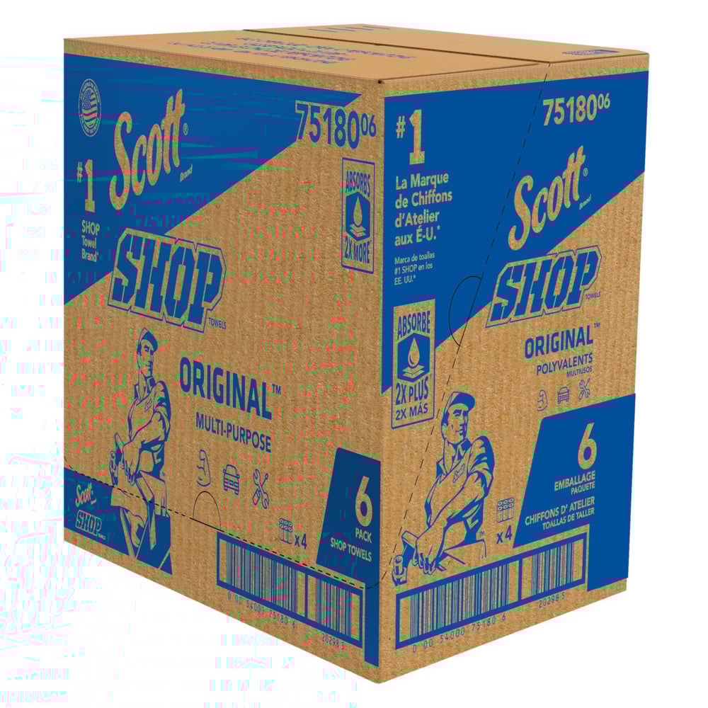 Chiffons d’atelier Scott® Original™ (75180), chiffons d’atelier bleus Original, feuilles de 23,9 cm x 28 cm (9,4 po x 11 po), 4 paquets de 6 rouleaux (55 chiffons/rouleau, 24 rouleaux/caisse, 1 320 chiffons/caisse) - 75180