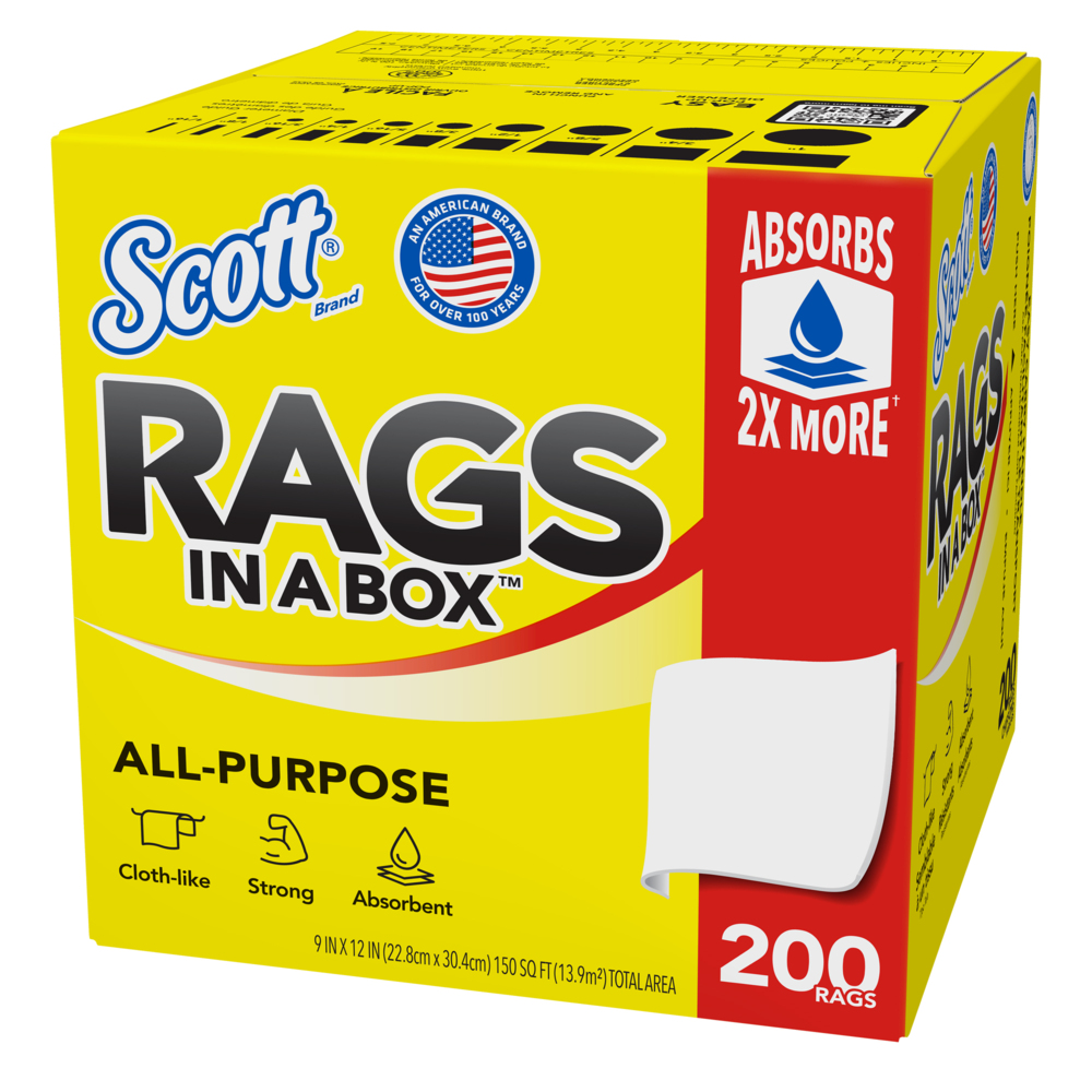 Scott® Rags In A Box™ (75260), All-Purpose Towels, 9"x12" sheets, Pop-Up™ Box (200 Towels/Box, 8 Boxes/Case, 1,600 Towels/Case) - 75260