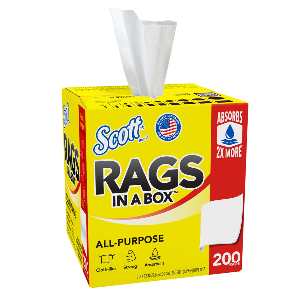 Scott® Rags In A Box™ (75260), All-Purpose Towels, 9"x12" sheets, Pop-Up™ Box (200 Towels/Box, 8 Boxes/Case, 1,600 Towels/Case) - 75260