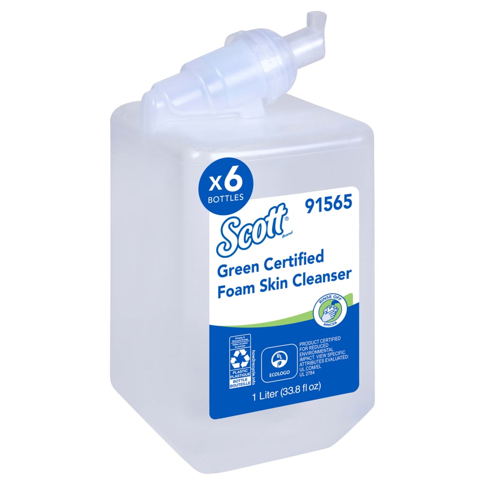 Savon moussant pour les mains Scott® certifié écologique (91565), recharges manuelles de savon pour les mains transparent et inodore de 1 litre pour les distributrices manuelles Scott® Essential, Ecologo, certifié E1 par la NSF (6 bouteilles/caisse) - 91565