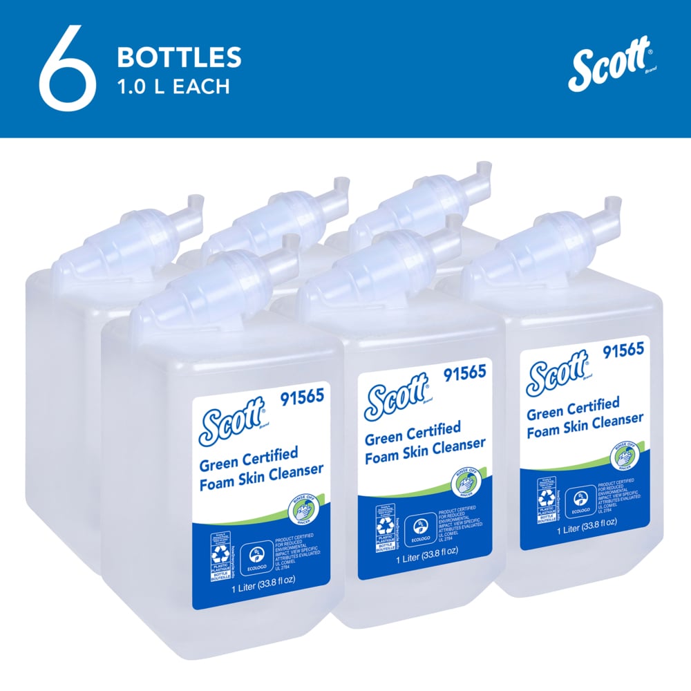 Scott® Green Certified Foam Hand Soap (91565), 1.0 L Clear, No Fragrance Added, Manual Hand Soap Refills for compatible Scott® Essential Manual Dispensers, Ecologo, NSF E-1 Rated (6 Bottles/Case) - 91565