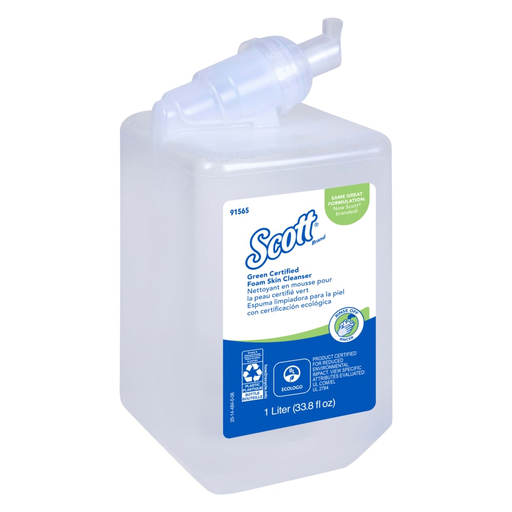 Savon moussant pour les mains Scott® certifié écologique (91565), recharges manuelles de savon pour les mains transparent et inodore de 1 litre pour les distributrices manuelles Scott® Essential, Ecologo, certifié E1 par la NSF (6 bouteilles/caisse) - 91565