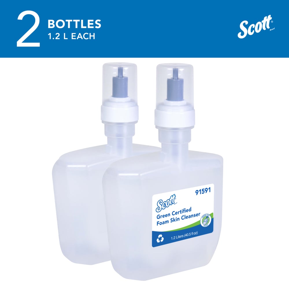 Scott® Green Certified Foam Hand Soap (91591), 1.2 L Clear, No Fragrance Added, Automatic Hand Soap Refills for Kimberly-Clark Professional™ ICON™ and Scott® Pro™ Automatic Dispensers, Ecologo, NSF E-1 Rated (2 Bottles/Case) - 91591