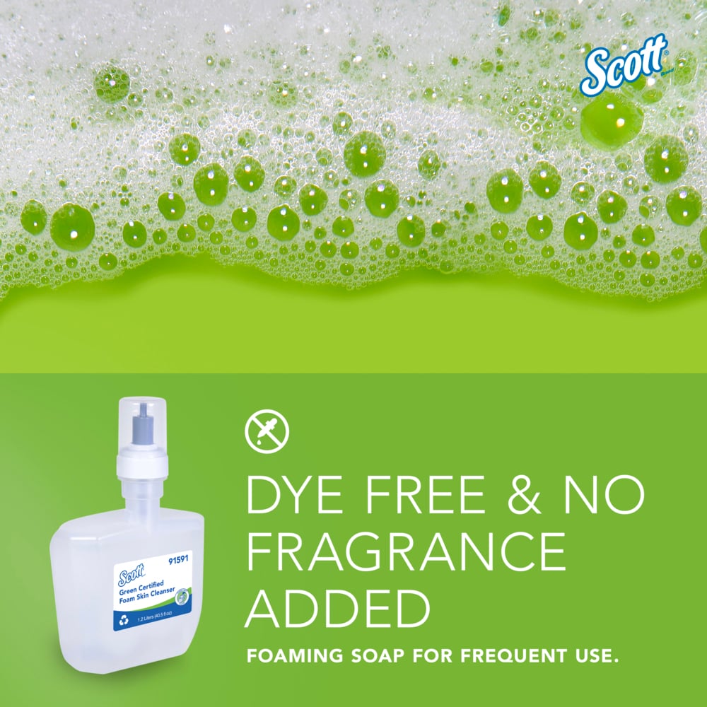 Scott® Green Certified Foam Hand Soap (91591), 1.2 L Clear, No Fragrance Added, Automatic Hand Soap Refills for Kimberly-Clark Professional™ ICON™ and Scott® Pro™ Automatic Dispensers, Ecologo, NSF E-1 Rated (2 Bottles/Case) - 91591