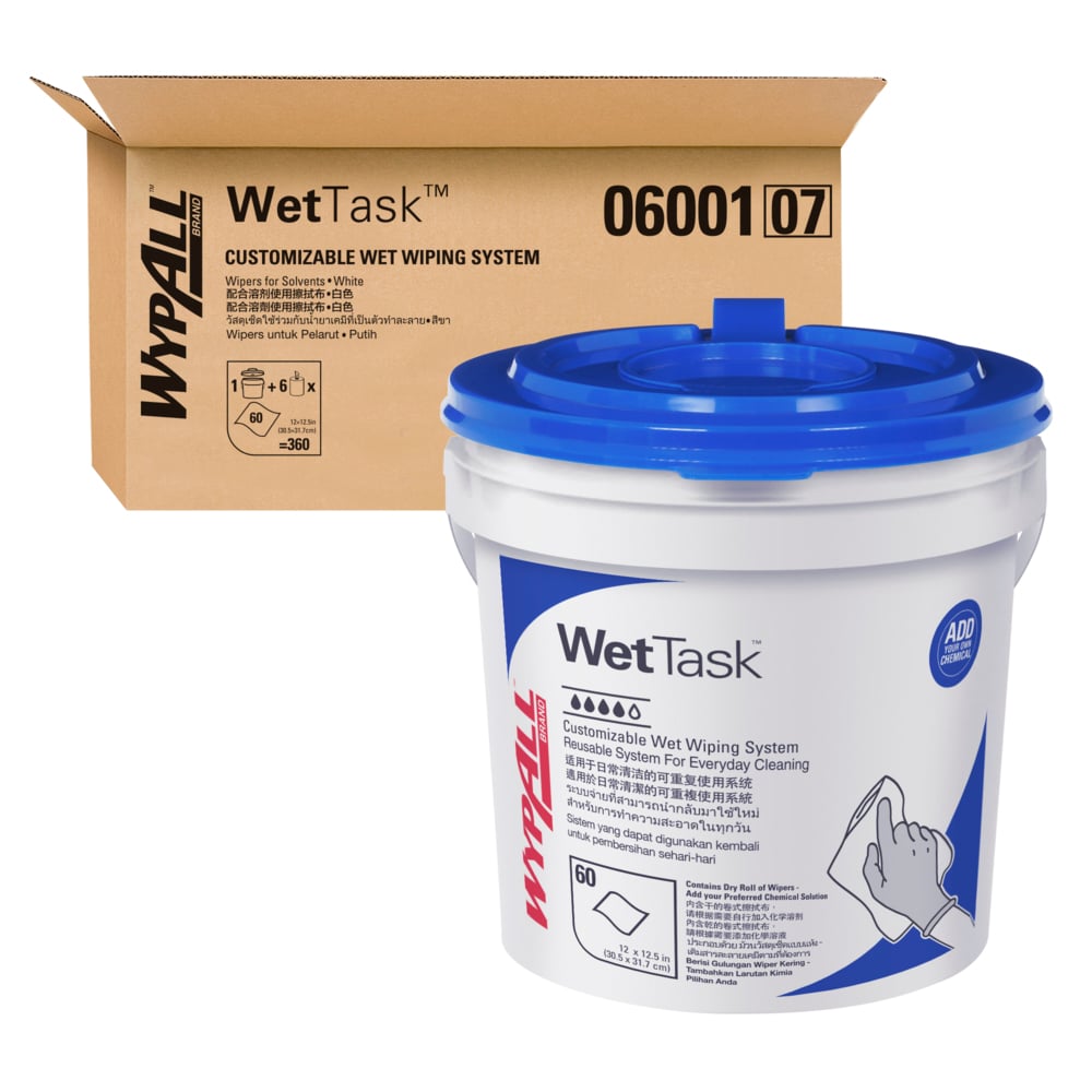 WYPALL® WetTask® Hydroknit® Wipers with Bucket (06001), 6 Rolls + 1 Bucket / Case, 60 Sheets / Roll (360 sheets) - 991006001