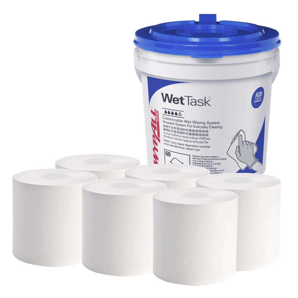 WYPALL® WetTask® Hydroknit® Wipers with Bucket (06001), 6 Rolls + 1 Bucket / Case, 60 Sheets / Roll (360 sheets) - 991006001