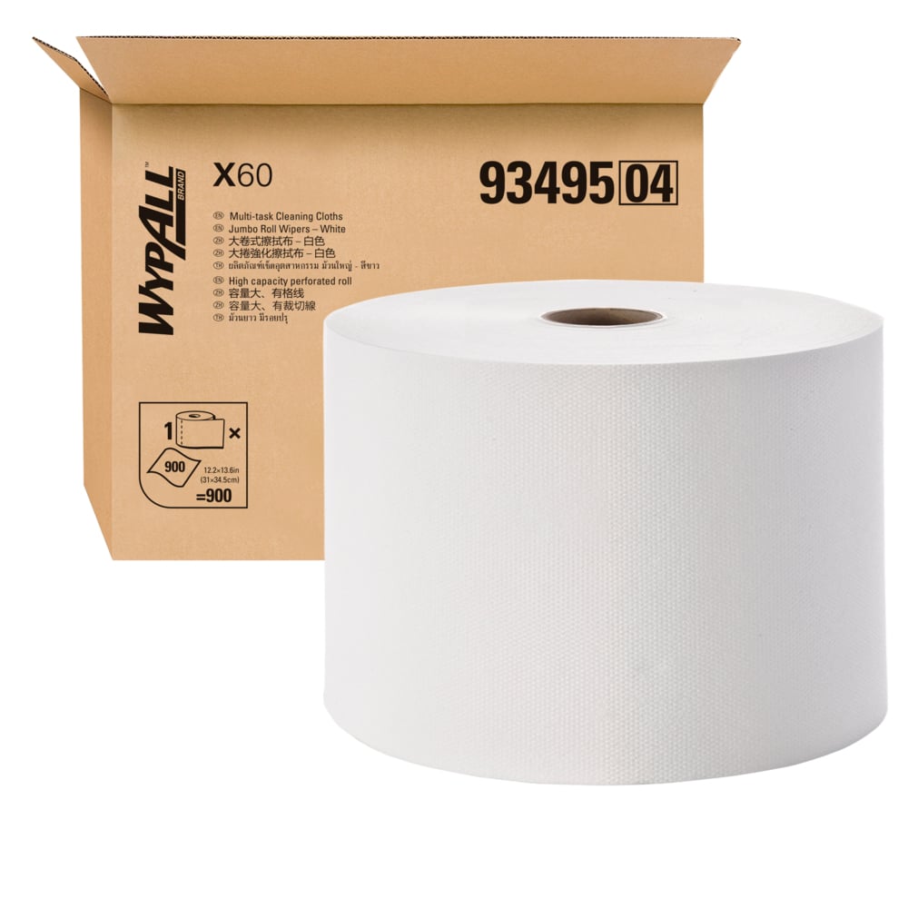 WypAll® X60 Wipers Jumbo Roll (93495), White 1-Ply, 1 Roll / Case, 900 Sheets / Roll (900 Sheets) - S050428234