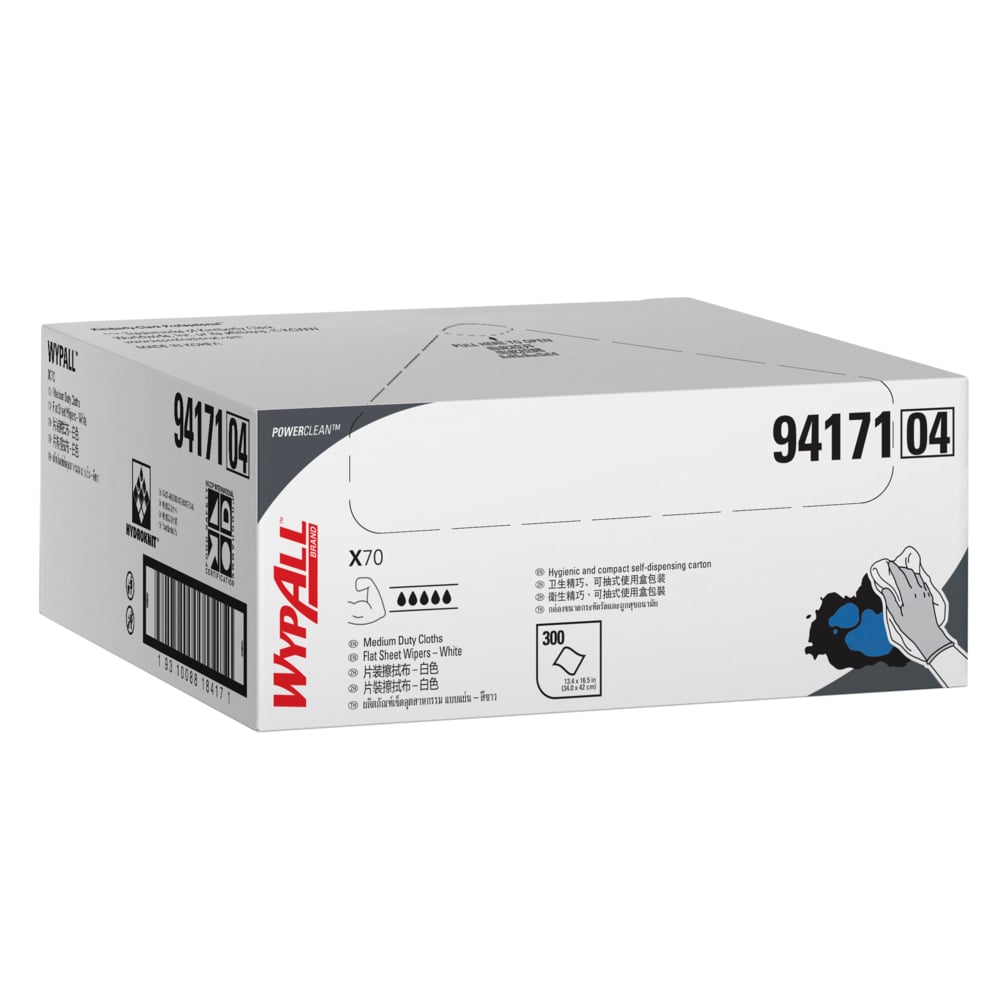 WypAll® X70 Wipers, Flat Sheet (94171), White 1-Ply, 1 Box / Case, 300 Sheets / Pack (300 Sheets) - S050428281
