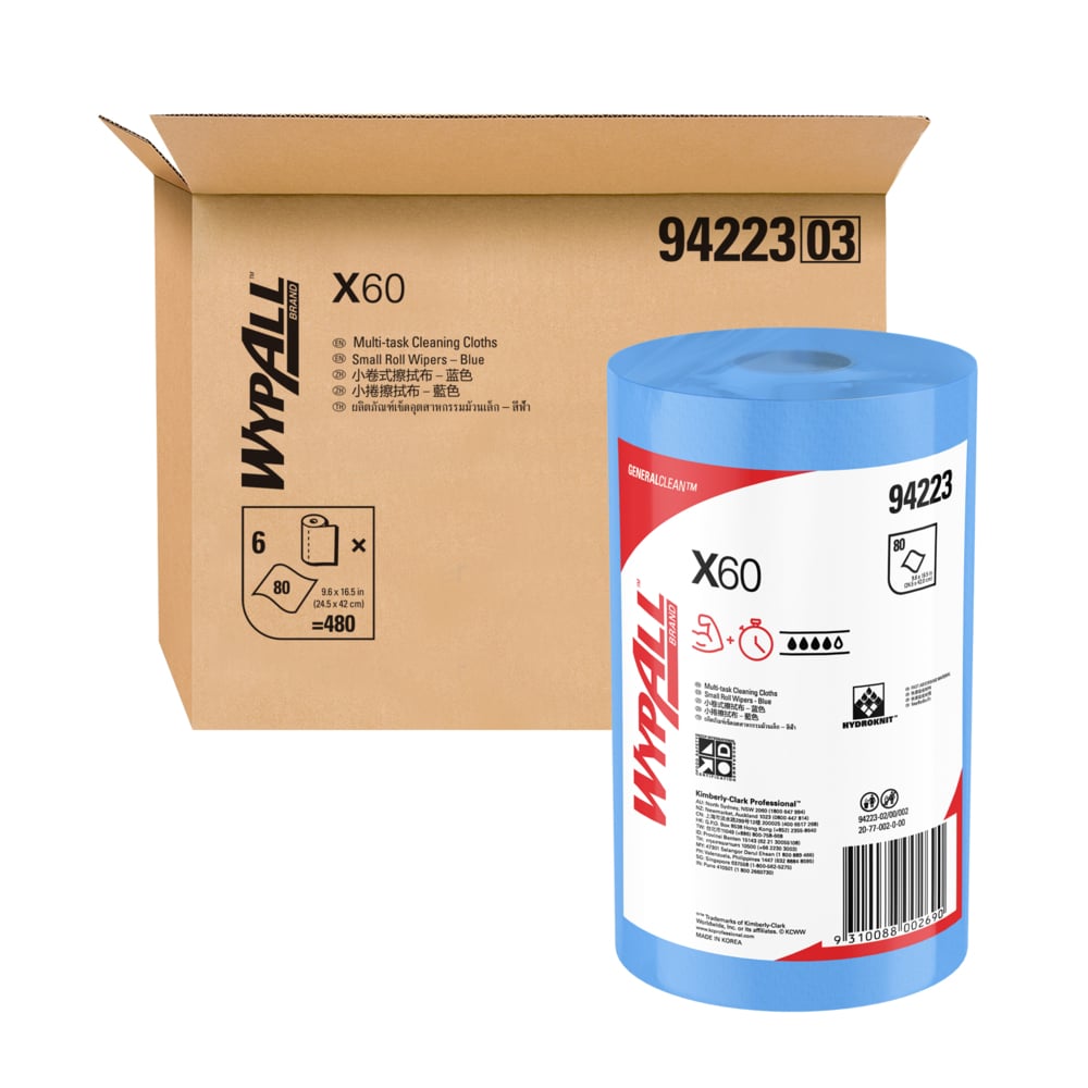 WYPALL® X60 Small Roll Wipers (94223), Blue Cleaning Cloths, 6 Roll / Case, 80 Blue Wipers / Roll (480 Total) - S050494819