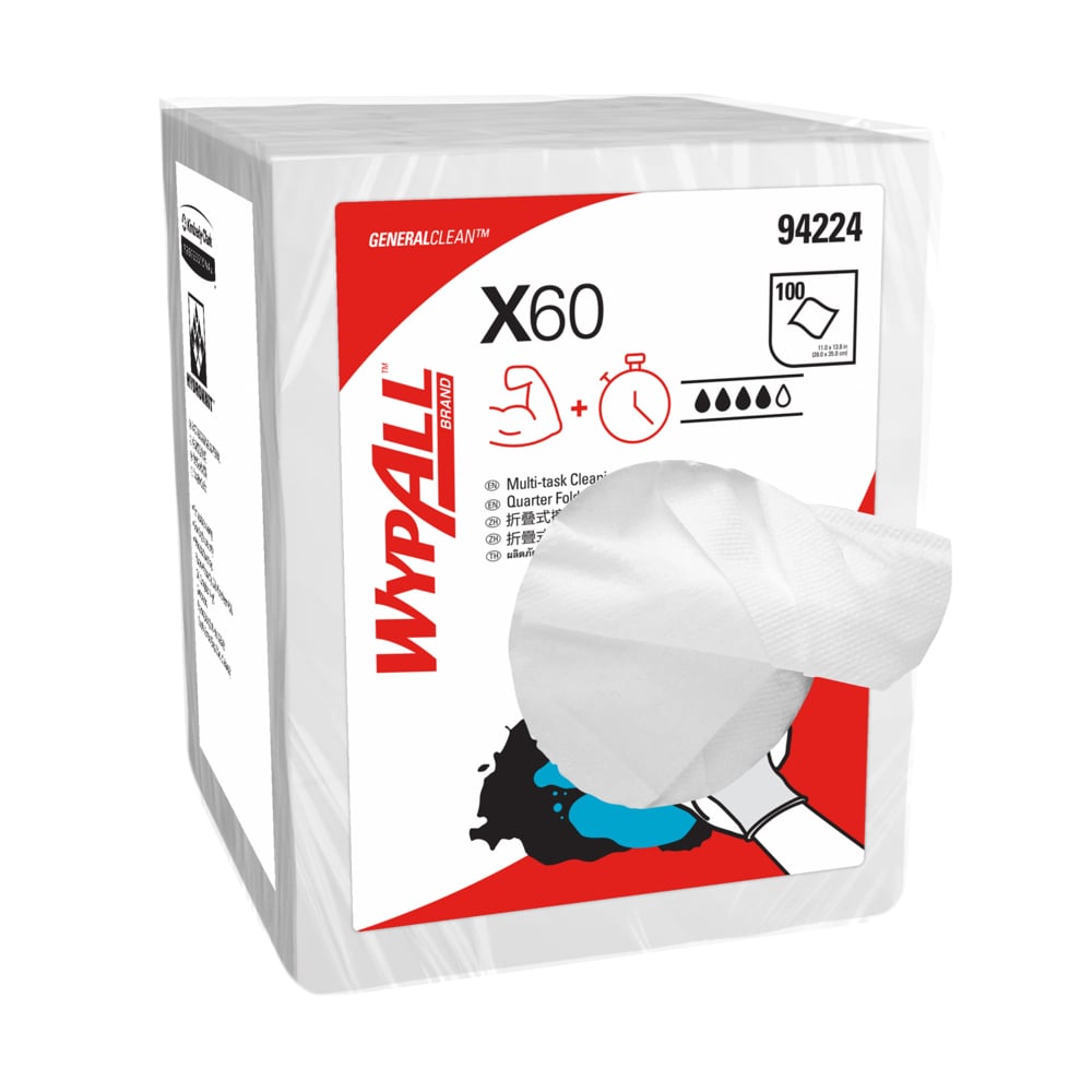 WYPALL® X60 Single Sheet Wipers (94224), Cleaning Wipes, 8 Packs / Case, 100 Wipers / Pack (800 Wipers) - S050428294