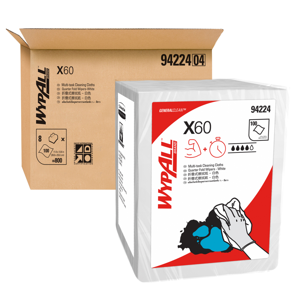 WypAll® X60 Single Sheet Wipers (94224), Cleaning Wipes, 8 Packs / Case, 100 Wipers / Pack (800 Wipers) - S050428294