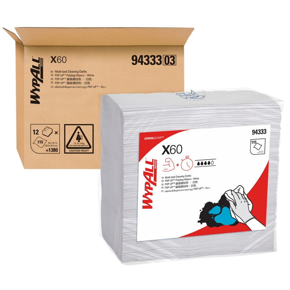 WYPALL® X60 Pop-up Poly Bag Wipers (94333), Industrial Cleaning Cloths, 12 Poly Bags / Case, 115 Cleaning Wipes / Bag (1,380 Wipes) - 94333