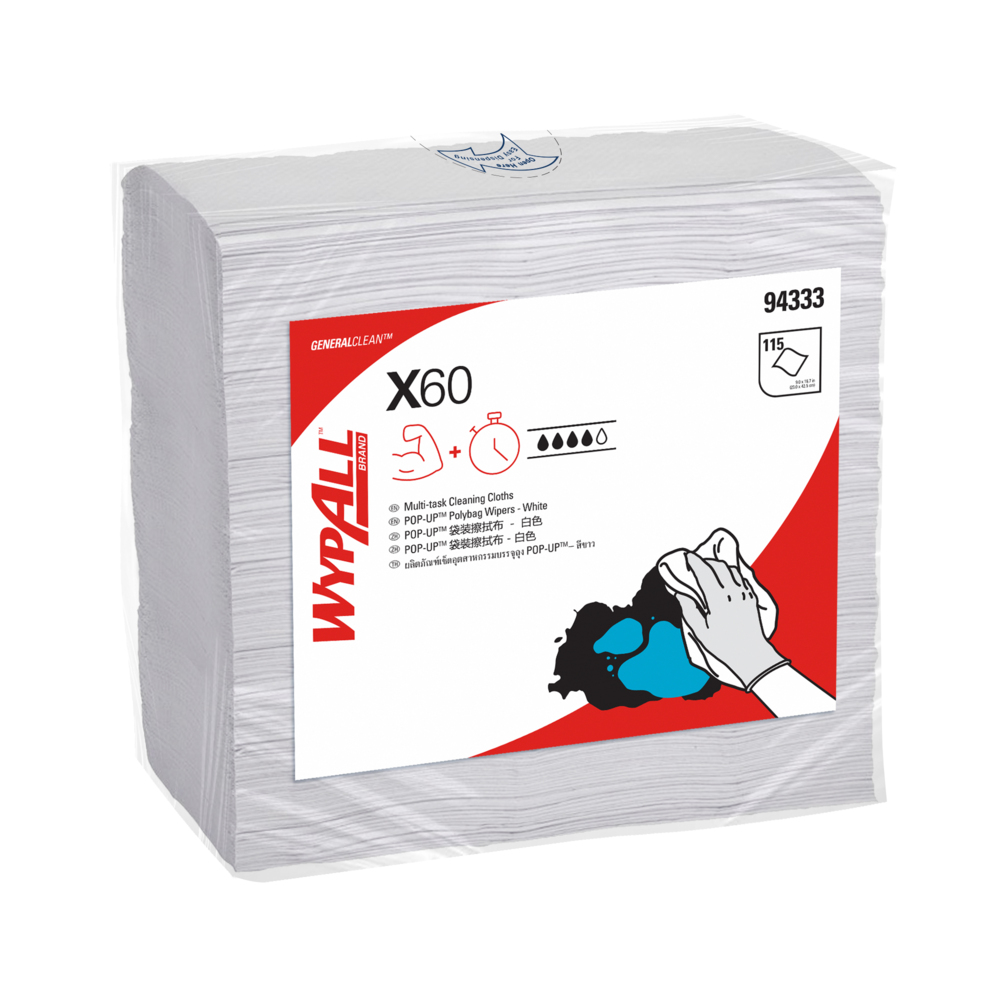 WYPALL® X60 Pop-up Poly Bag Wipers (94333), Industrial Cleaning Cloths, 12 Poly Bags / Case, 115 Cleaning Wipes / Bag (1,380 Wipes) - S052266733