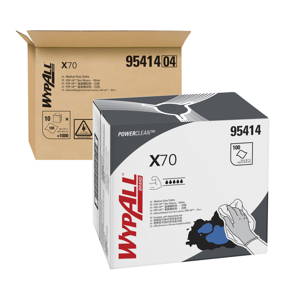 WypAll® X70 Wipers, Pop-Up Box (95414), White 1-Ply, 10 Boxes / Case, 100 Sheets / Box (1,000 Sheets) - 95414
