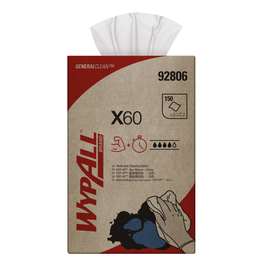 WypAll® X60 Wipers, Pop-Up Box (92806), White 1-Ply, 10 Boxes / Case, 150 Cloths / Box (1,500 Cloths) - S050428216