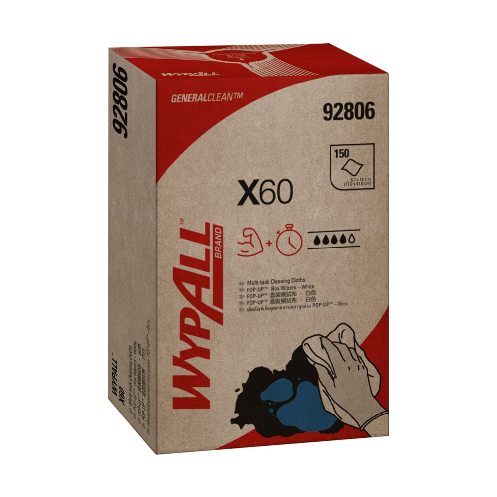 WypAll® X60 Wipers, Pop-Up Box (92806), White 1-Ply, 10 Boxes / Case, 150 Cloths / Box (1,500 Cloths) - S050428216