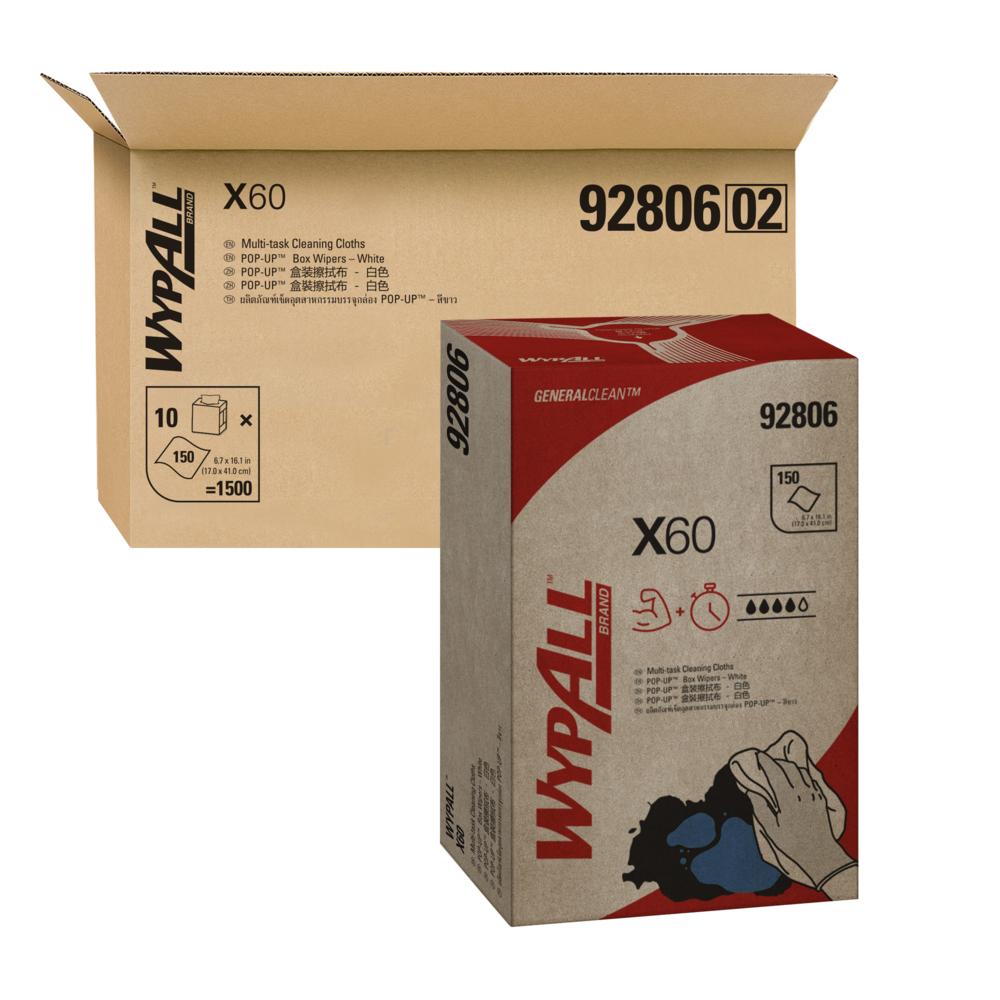 WypAll® X60 Wipers, Pop-Up Box (92806), White 1-Ply, 10 Boxes / Case, 150 Cloths / Box (1,500 Cloths) - S050428216