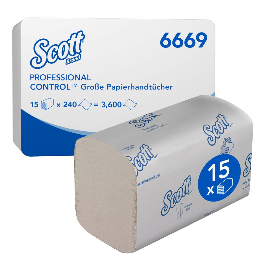 Secamanos plegados grandes Scott® Control™ 6669 - Papel secamanos multiplegado - 15 paquetes x 240 unidades de papel secamanos plegado en Z blanco (3600 en total) - 6669