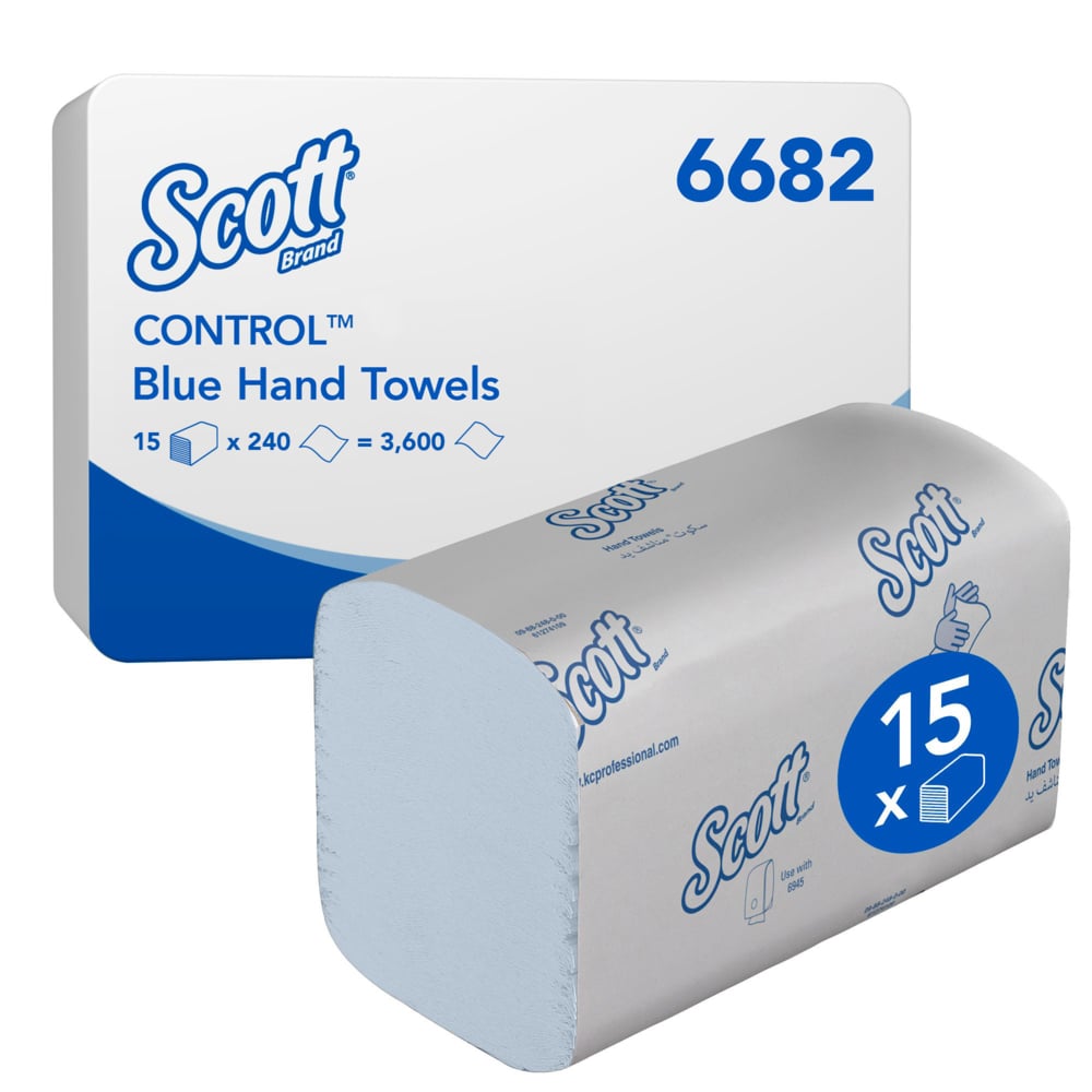 Scott® Control™ Papierhandtücher mit Interfold-Faltung 6682 – blaue Falthandtücher – 15 Packungen x 240 Papiertücher mit V-Faltung (insges. 3.600) - 6682