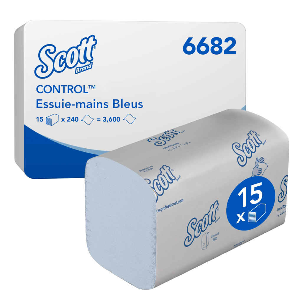 Essuie-mains enchevêtrés Scott® Control™ 6682 - Essuie-mains bleus - 15 paquets x 240 essuie-mains en papier pliés en V (3 600 au total) - 6682