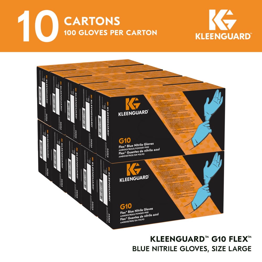 KleenGuard™ G10 Flex™ Blue Nitrile Gloves (54334), 3 Mil, Ambidextrous, Touchscreen Compatible, Large (100 Gloves/Box, 10 Boxes/Case, 1,000 Gloves/Case) - 54334