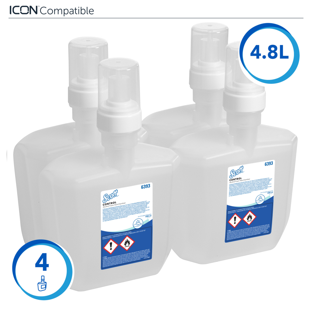 Scott® Control™ Espuma higienizante de manos con alcohol 6393 - 4 x 1,2 litros Recambios de higienizante de manos transparente (4,8 litros en total) - 6393