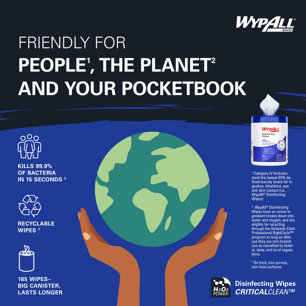 WypAll® Disinfecting Wipes (54481), Hydrogen Peroxide Disinfectant Cleaner for Commercial, Industrial & Healthcare, 5.75"x7" Wipes, Fresh Scent (185 Sheets/Canister, 3 Canisters/Case, 555 Sheets/Case) - 54481