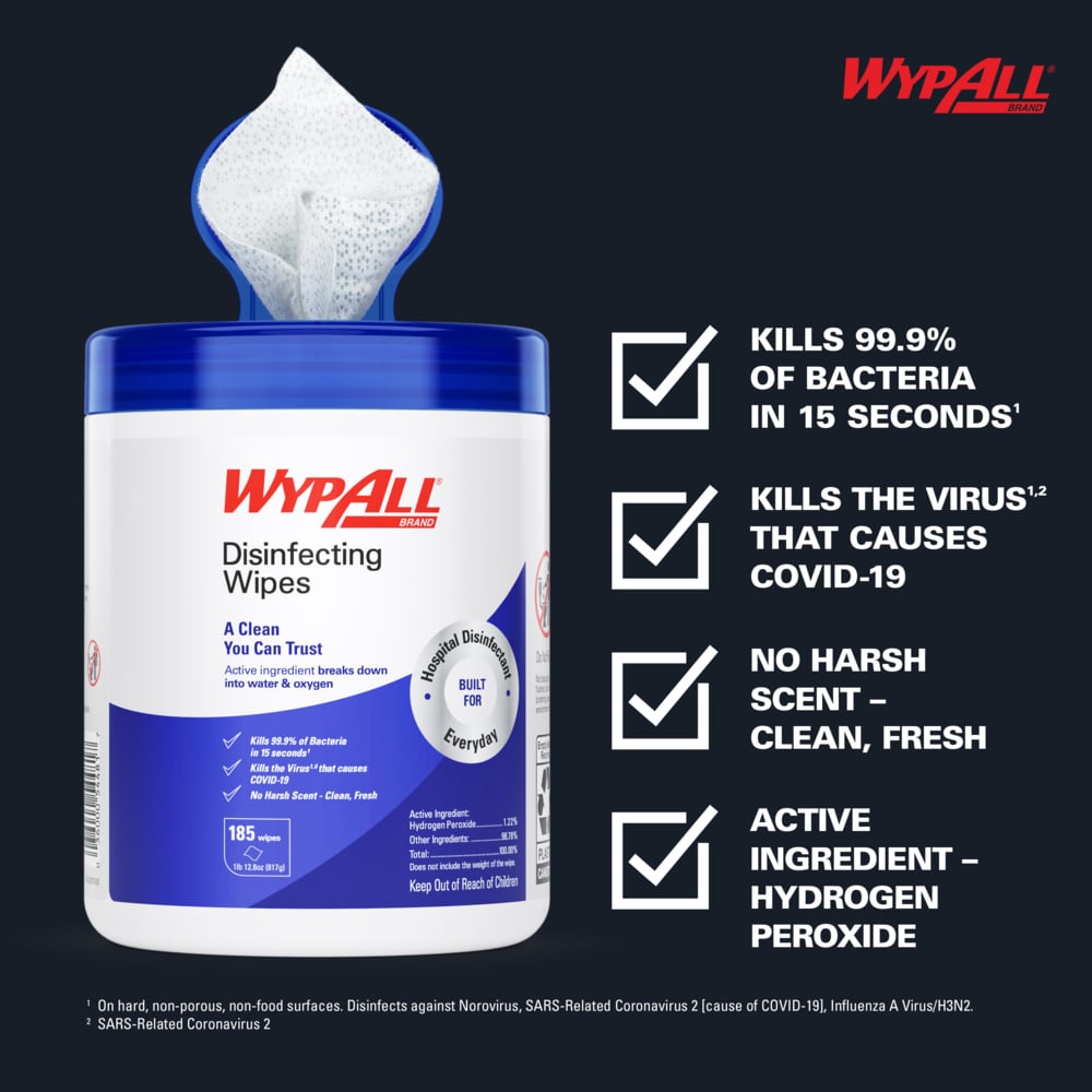 WypAll® Disinfecting Wipes (54481), Hydrogen Peroxide Disinfectant Cleaner for Commercial, Industrial & Healthcare, 5.75"x7" Wipes, Fresh Scent (185 Sheets/Canister, 3 Canisters/Case, 555 Sheets/Case) - 54481