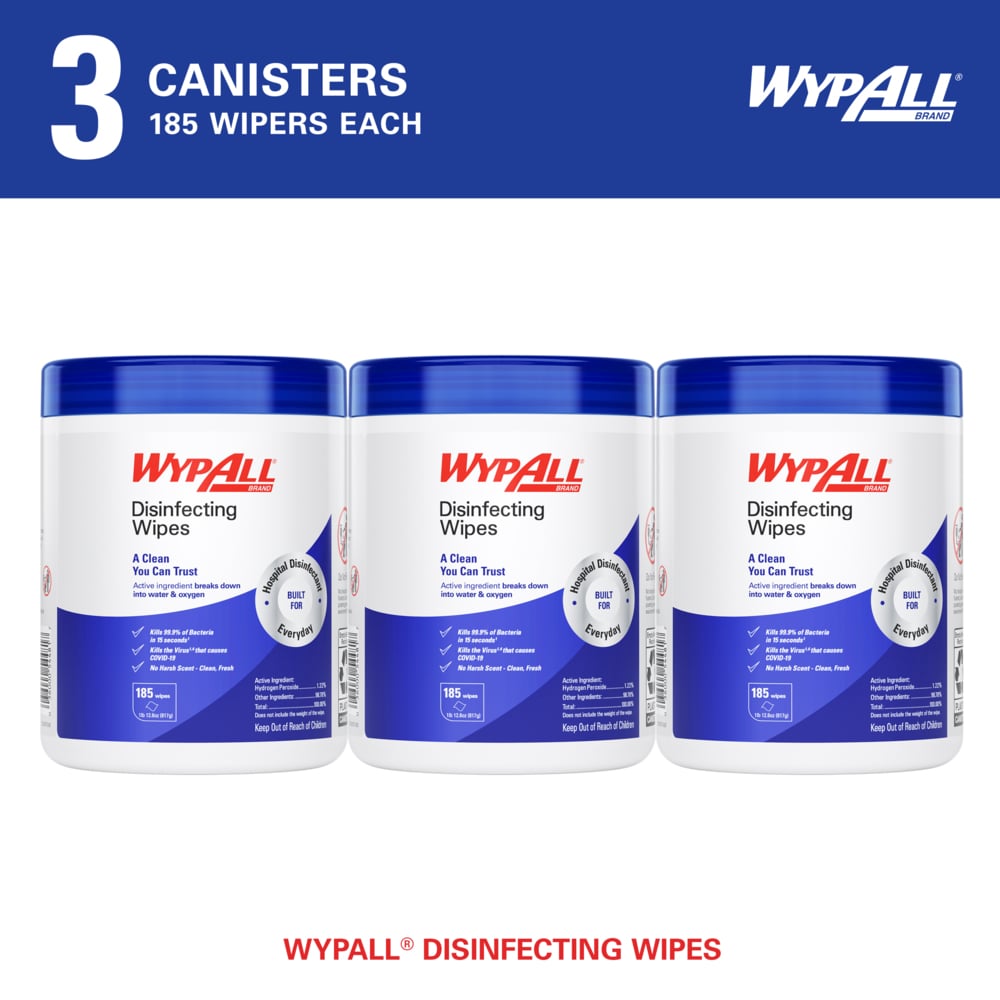 WypAll® Disinfecting Wipes (54481), Hydrogen Peroxide Disinfectant Cleaner for Commercial, Industrial & Healthcare, 5.75"x7" Wipes, Fresh Scent (185 Sheets/Canister, 3 Canisters/Case, 555 Sheets/Case) - 54481
