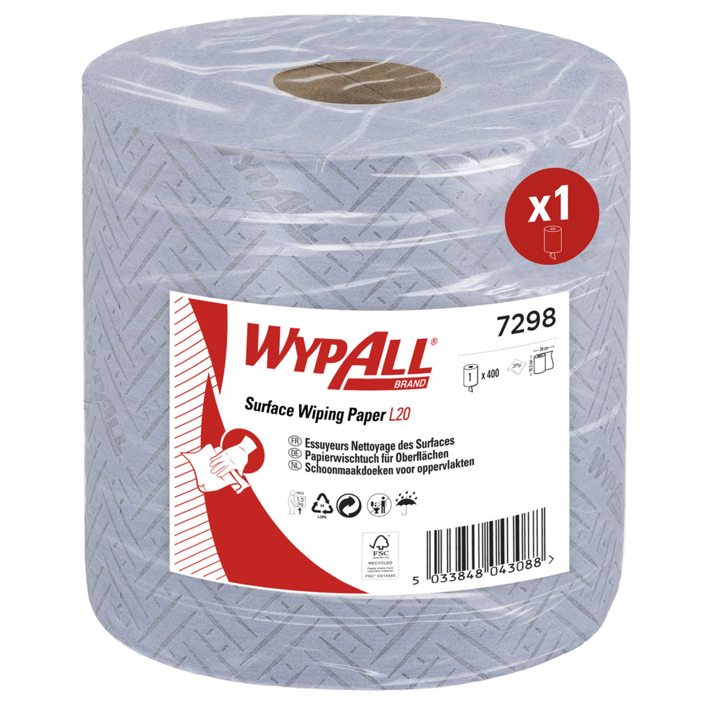 WypAll® L20 Cleaning and Maintenance Blue Wiping Paper 7298 - 2 Ply Centrefeed Roll - 1 Blue Roll x 400 Paper Wipers (400 Wipers Total) - 7298