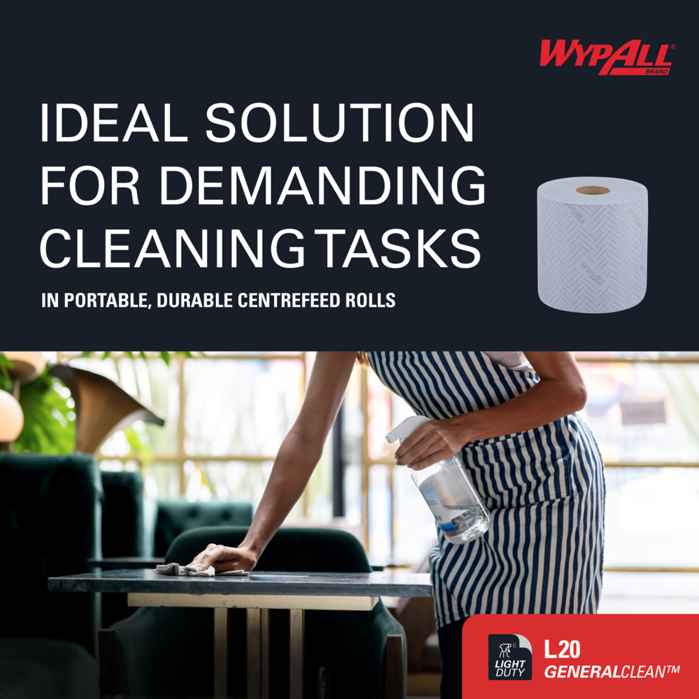 WypAll® L20 Cleaning and Maintenance Blue Wiping Paper 7298 - 2 Ply Centrefeed Roll - 1 Blue Roll x 400 Paper Wipers (400 Wipers Total) - 7298